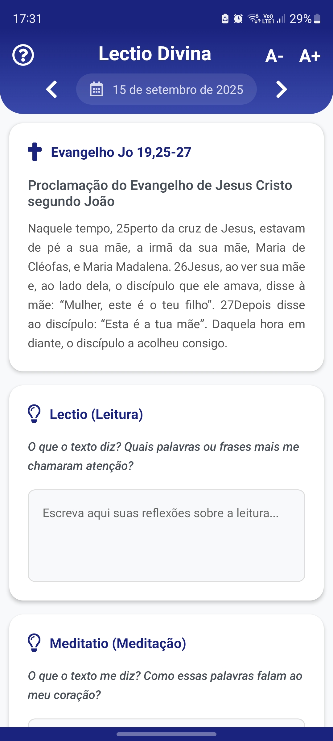 Tela da Lectio Divina no app Vou Rezar