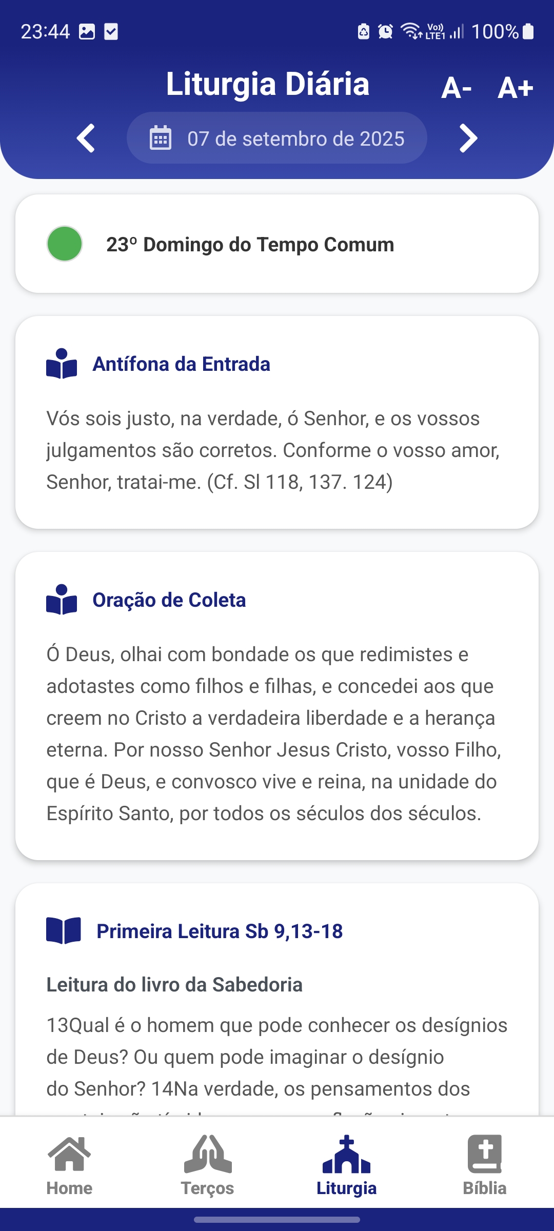Tela de Liturgia Diária no app Vou Rezar